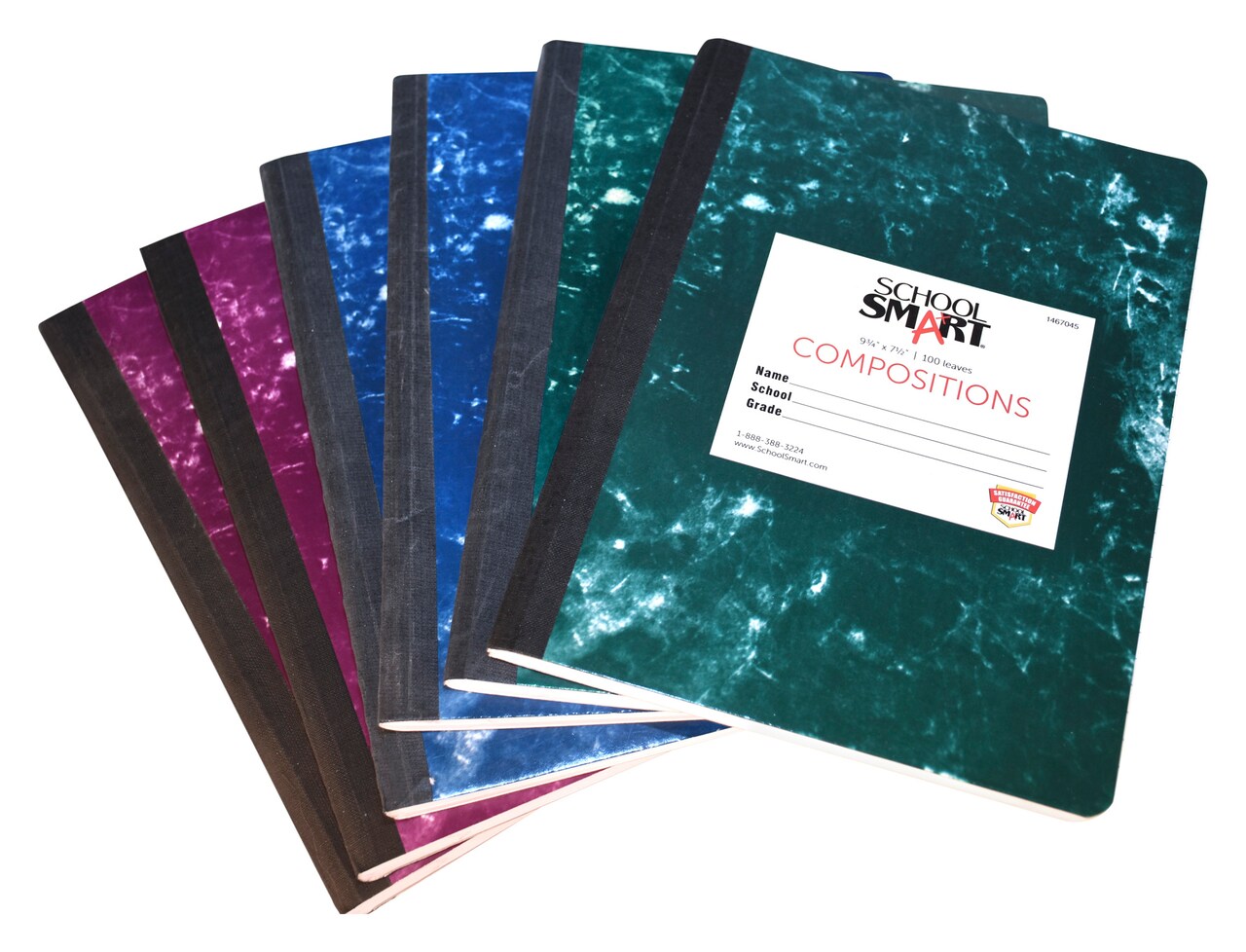 School Smart Marble Composition Books, Wide Ruled, 9-3/4 x 7-1/2 Inches, 100 Sheets Each, Assorted Colors, Pack of 6